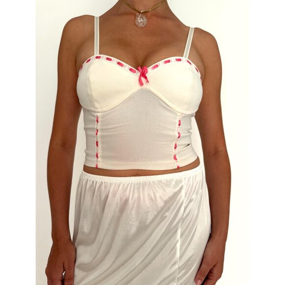 y2k vintage white pink lace ribbon cropped bustier corset crop top made in Italy - Picture 3 of 9